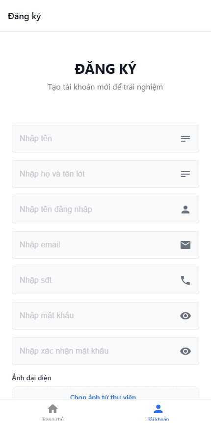 Course App mobile registration screen rendered from the Expo source