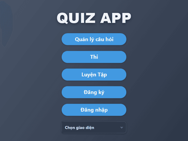 QuizApp main menu captured from the JavaFX source